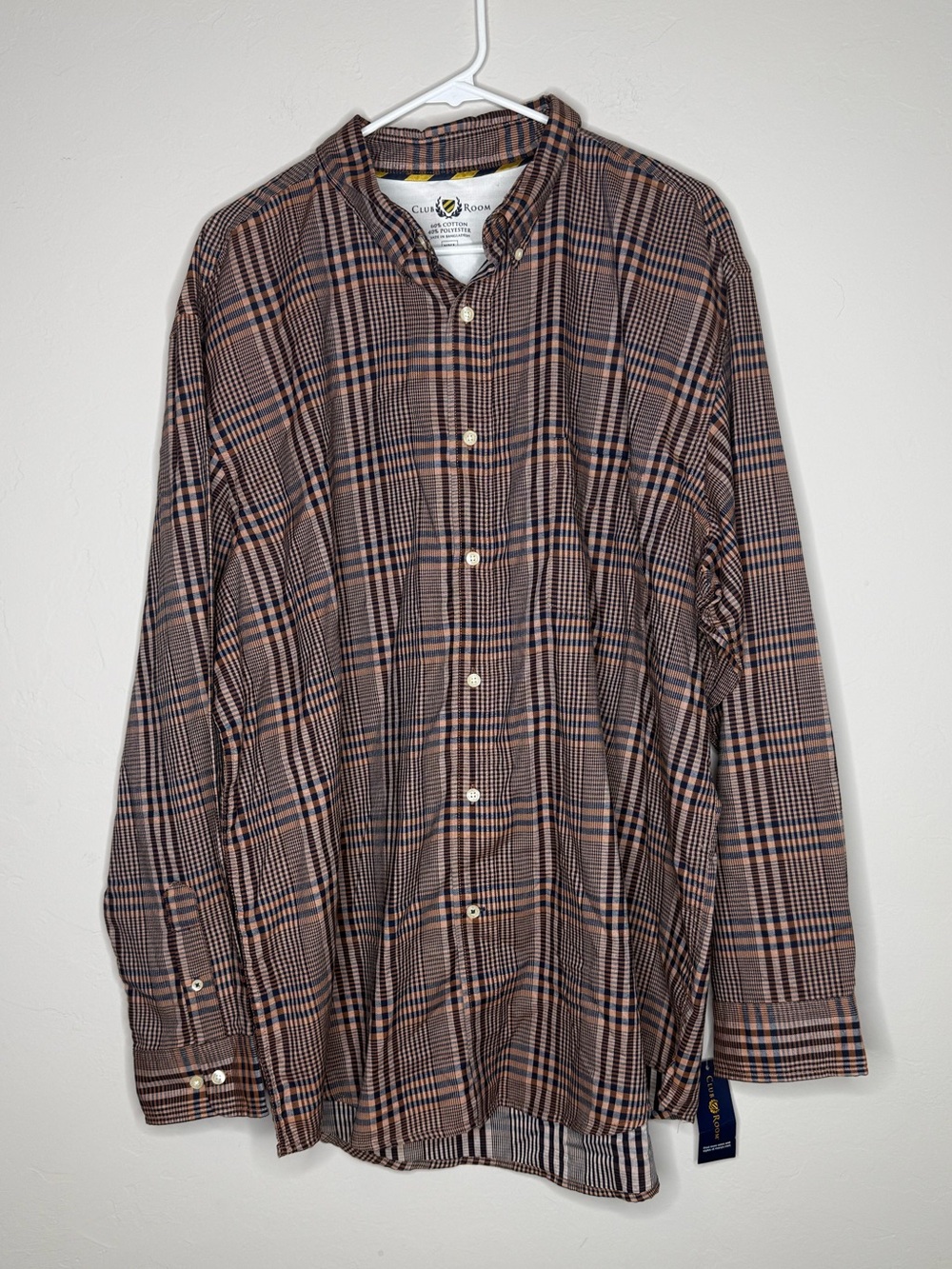 Club room men’s plaid button up dress shirt nwt XXL brown navy cotton poly